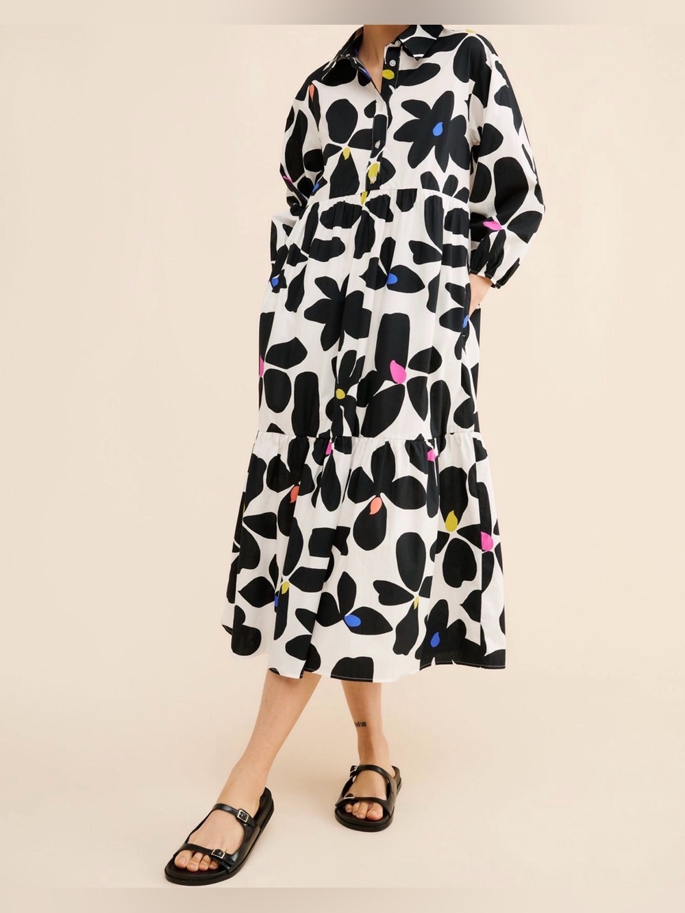 Maeve Black & White Floral Maxi Dress with Color Dots